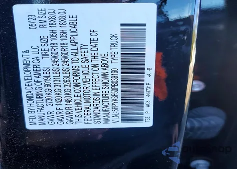 2023 Honda Ridgeline Rtl z USA, uszkodzony, nr VIN 5FPYK3F50PB039160